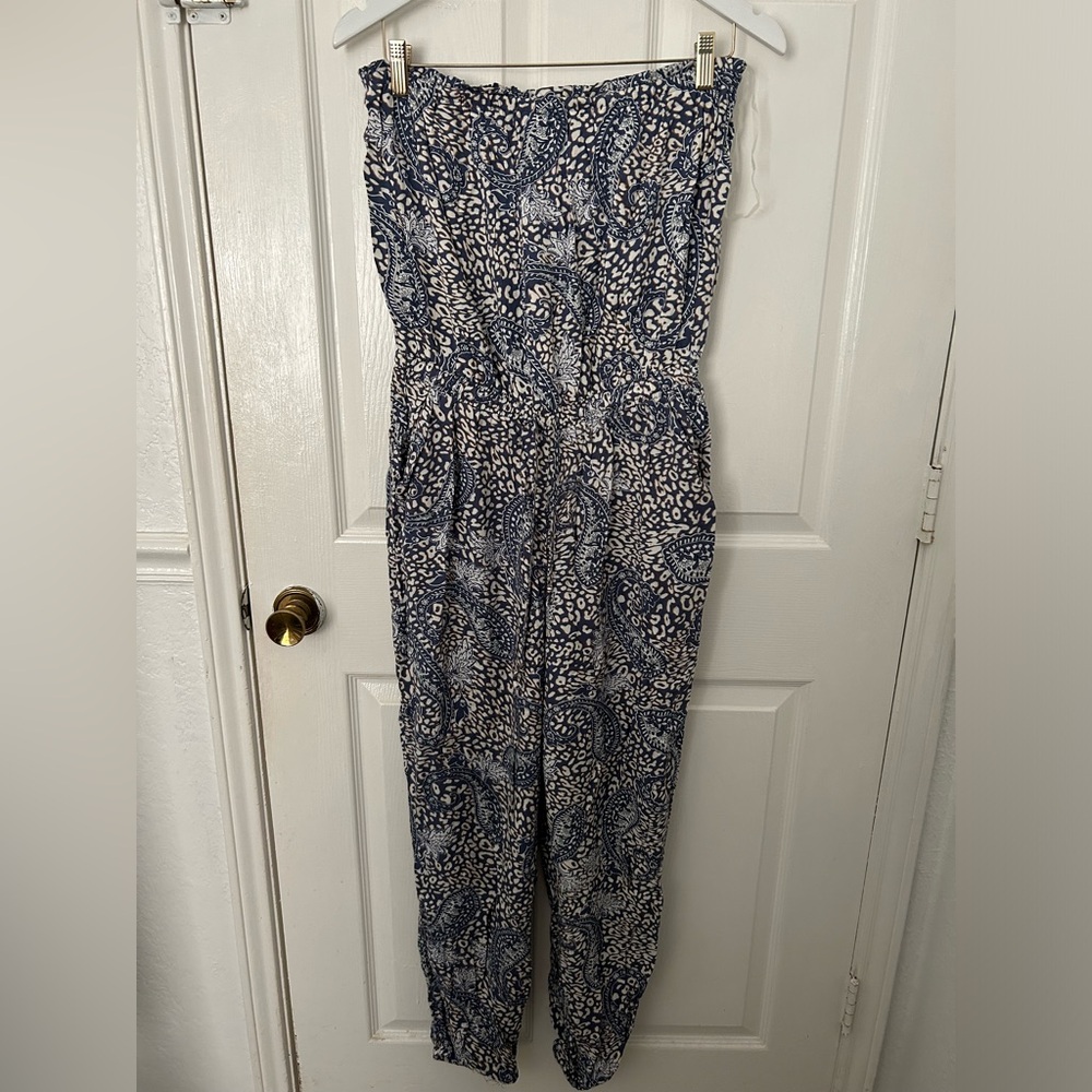Strapless Navy & White Paisley Print Jumpsuit